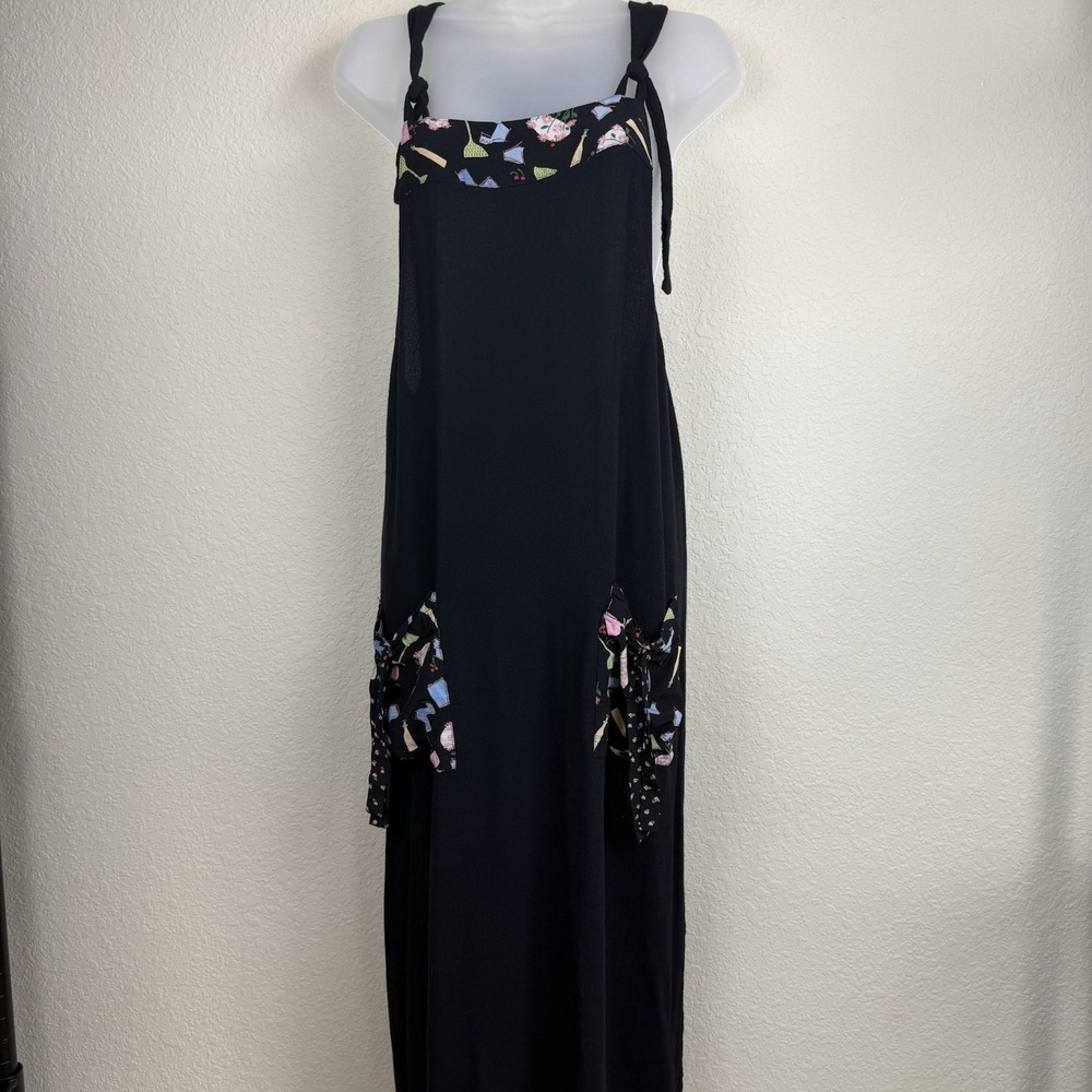 Vtg Cactus Flower Maxi Dress Drinks Pockets Tie Back Black Jumper 90s Grannycore